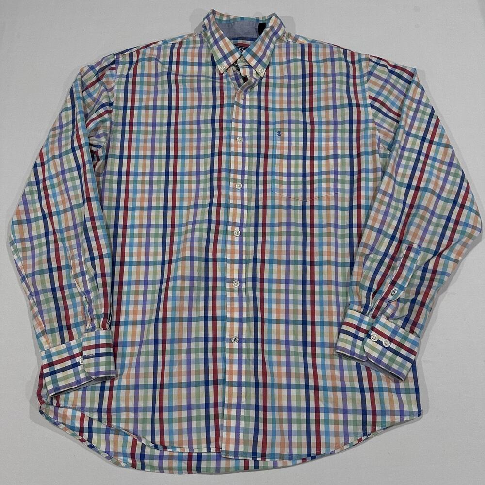 IZOD Shirt Mens L Multicolor Checkered Button Up Long Sleeve 100% Cotton Pockets
